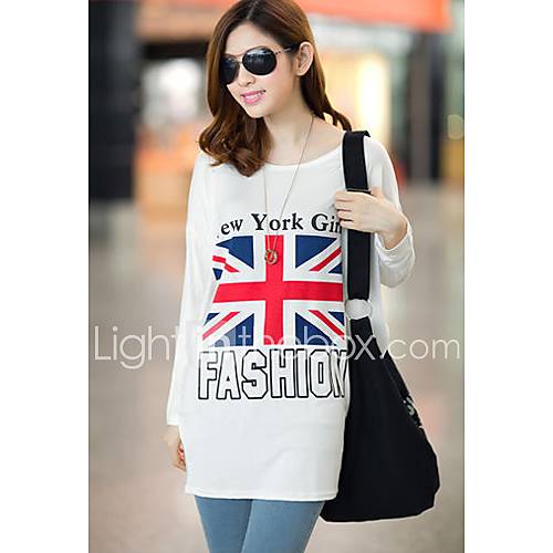 Uplook Womens Casual Round Neck White The Union Flag Pattern Loose Fit Batwing Long Sleeve T Shirt 301#