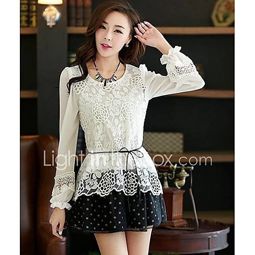 Meitiantian Lace Jointing Tight Waist Long Sleeve Bottoming White Dress