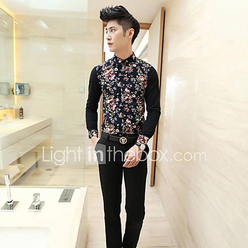 Mens Stand Collar Spring New Fashion Flower Long Sleeve Shirt