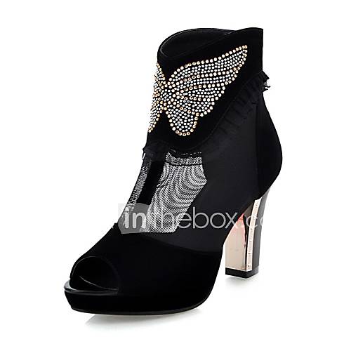 Tulle/Suede Womens Chunky Heel Fashion Ankle Boots Shoes