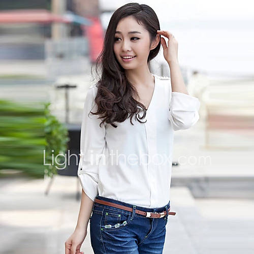 Loongzy Womens V Neck Chiffon Solid Color Work White Shirt