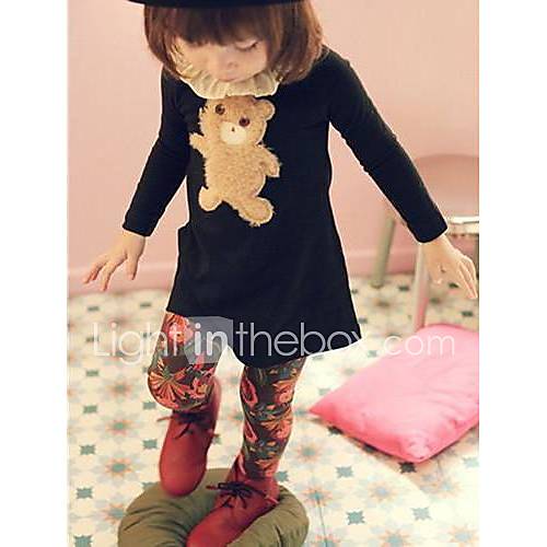 Girls Bear Embellish Ruffle Side Collar Long Sleeve Cotton Dress