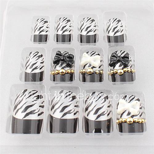 12 PCS Split Color Bow Zebra Print Acrylic UV Gel False Nail Art Tips With Glue