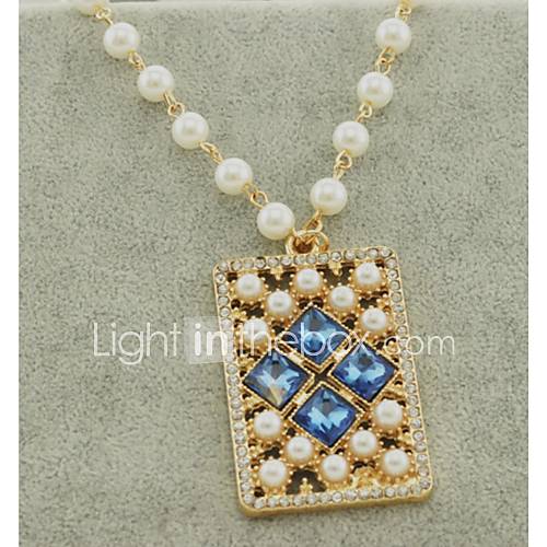 Yiyi Womens European Style Square Pearl Full Diamonade Clavicle Chain Necklace(Blue)