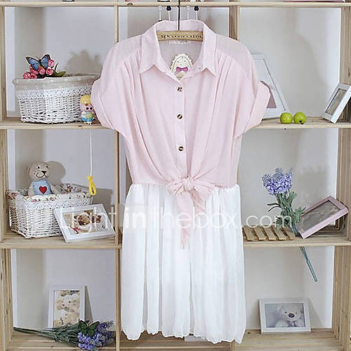 Rxhx Fake Two Pieces Short Sleeve Shirt Collar Chiffon Dress (Pink)