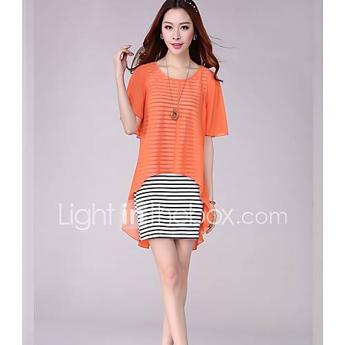 E Shop 2014 Summer Fake Two Pieces Stripes Chiffon Dress (Orange)