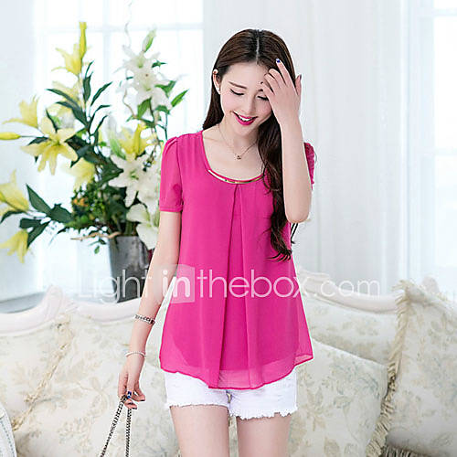 LCL Casual Loose Fit Chiffon Short Sleeve Shirt(Fuchsia)