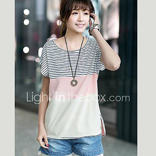 Womens Round Collar Stripes Contrast Color T shirt