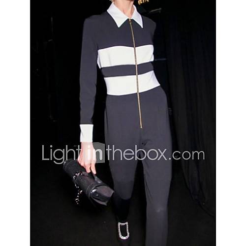 Womens Turn Down Collar Contrast Color Jumpsuits