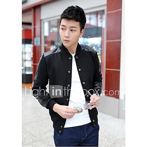 Shishangqiyi Korean Collar Leather Stitching Loaded Handsome Jacket(Black)