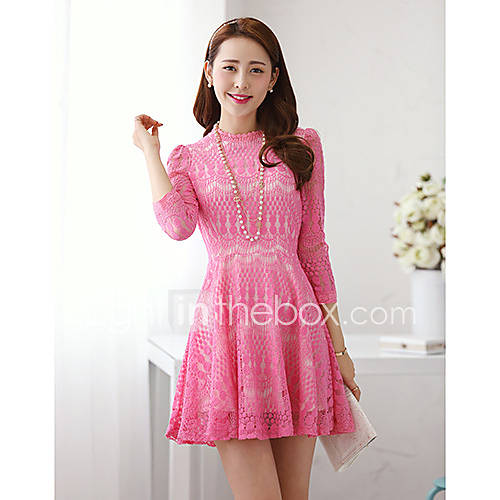 Kingmany Womens Korean 3/4 Sleeve Slim Lace Dress(Pink)