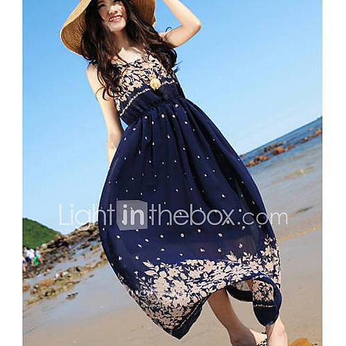 Womens Korean Style Floral Print Sleeveless Chiffon Beach Long Dress
