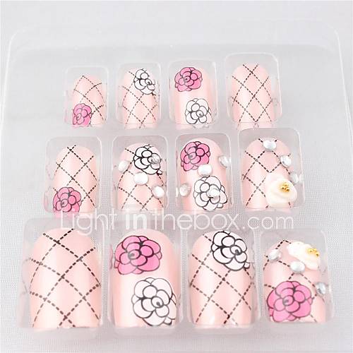 12 PCS Pink Flower Printed Acrylic UV Gel False Nail Art Tips With Glue