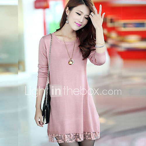 Loongzy Womens Korean Loose Fit Woolen Lace Long Sleeve Pink Dress