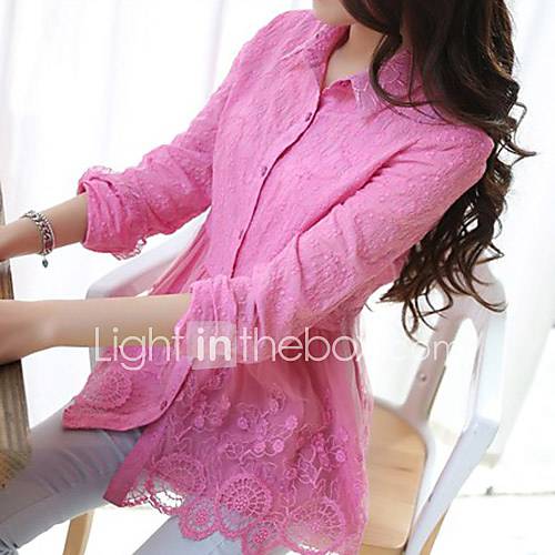 Lanliersi Korean Slim Lace Mesh Embroidery Fashion Long Sleeve Bottoming Shirt (Fuchsia)