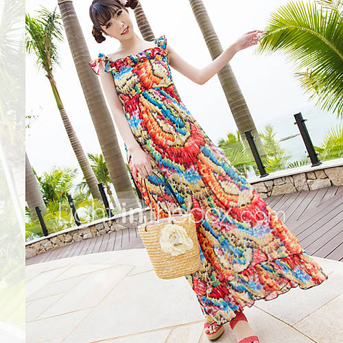 LCL Casual Bohemia Ruffle Chiffon Floral Print Slim Dress