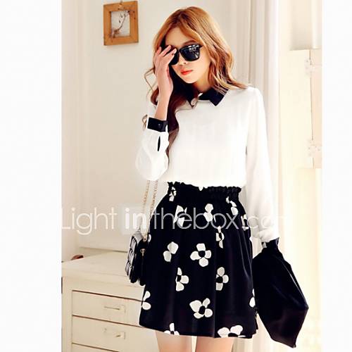 Womens Korean Long Sleeve Floral Slim Fit Dress (Random Pattern)