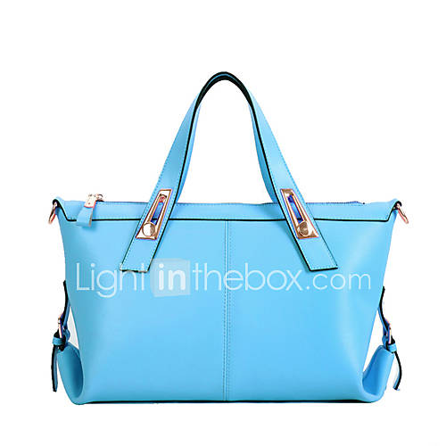 Global Freeman Womens Simple Free Man Solid Color Leather Tote(Light Blue)