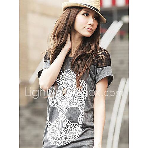 Womens OL Kprean Style Lace Round Neck Slim T Shirt