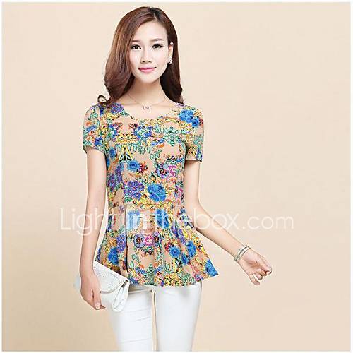 Womens Floral Printed Wrinkle Chiffon Shirts with Navy Blue