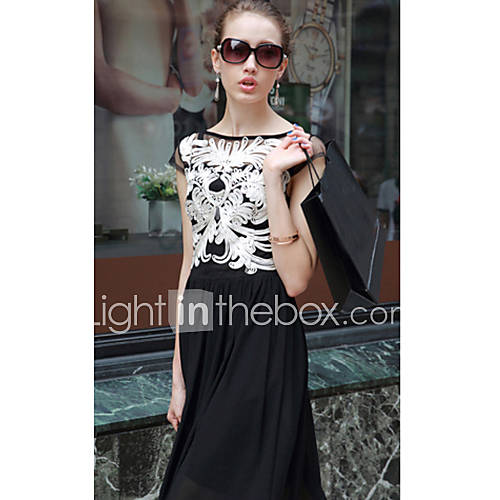 Jinbier Slim Chiffon Stitiching Black Hem Midi Dress (White)