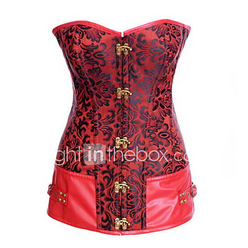 Leather And Jacquard Plastic Boning Corset Shapewear With T strap