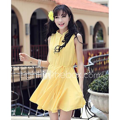 Kingmany Womens Korean Stand Collar Sleevless Waist Dress(Yellow)