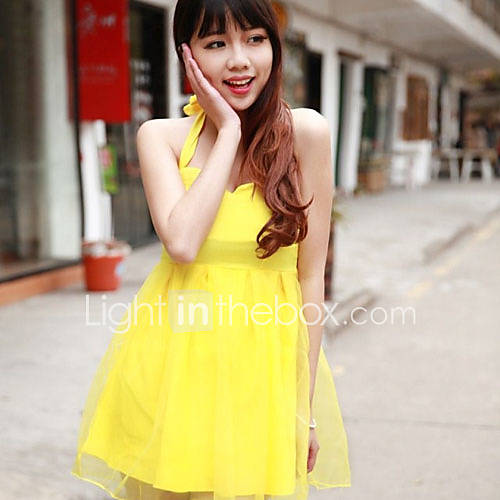 Nishang Nightclubs With V Neck Hanging Beam Neck Bowknot Organza Bitter Fleabane Dress(Yellow)