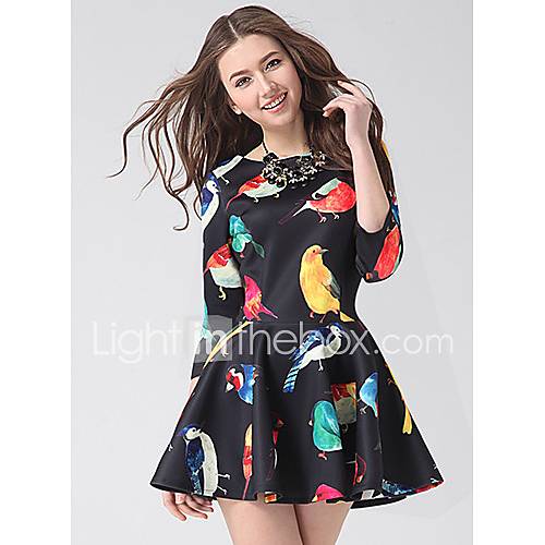 SNY Womens Sweet Round Neck Colorful Pattern Bouffant Swing Dress