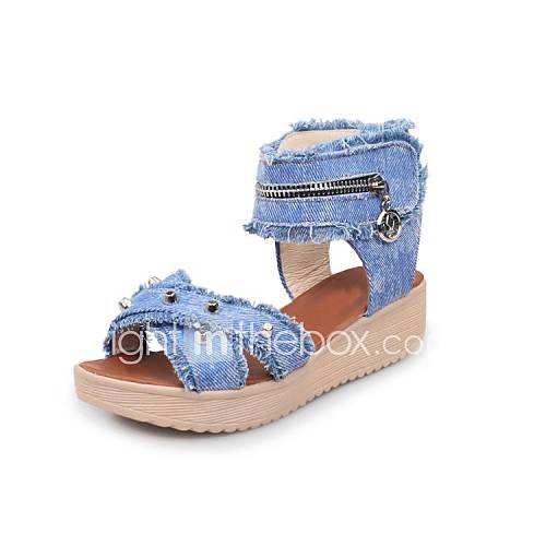 Denim Womens Wedge Heel Open Toe Sandals With Zipper Shoes (More Colors)