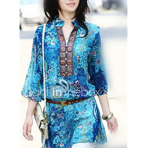 Womens Stand Collar Floral Chiffon Blouse