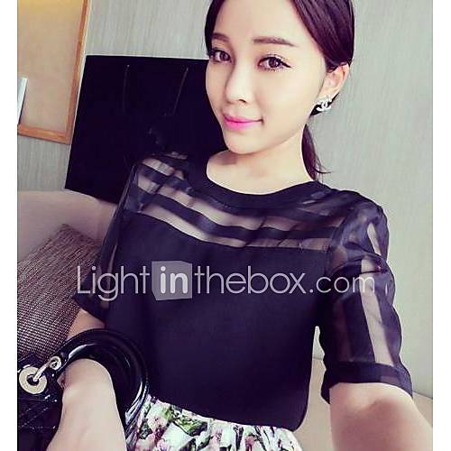 Womens Spring Mesh Stripes Stitching Chiffon Shirts