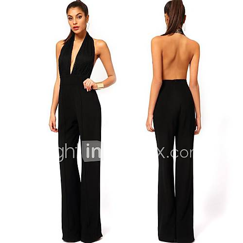 Womens V Collar Halter Lace Stitching Jumpsuit Pants