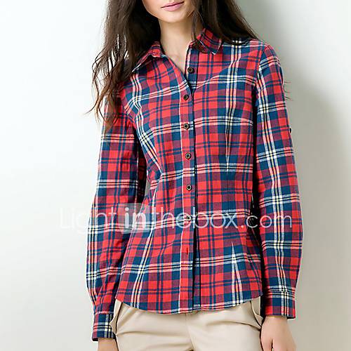 Veri Gude Womens All Match Check Bodycon 100% Cotton Long Sleeve Red Shirt