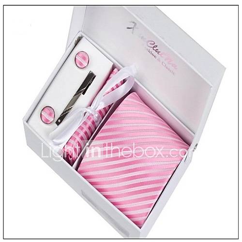 Mens Fashionable Pink White Striped Polyester Ties Set(breatpin random)