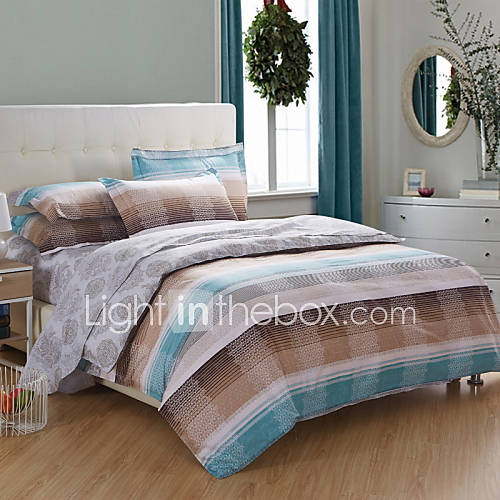 Duvet Cover Set,4 Piece 100% Cotton Country Stripe Light Blue Coffee