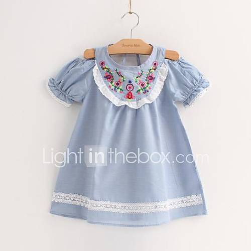 Girls Round Neck Folk Embroidery Off Shoulder Dress