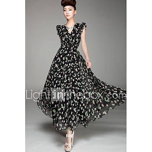 Womens Collect Waist Double Feifei Sleeve Chiffon Dress