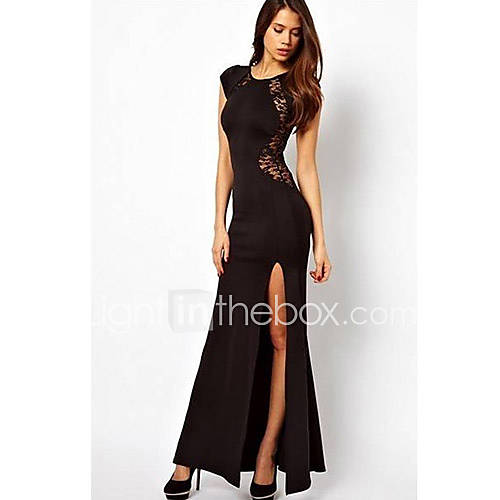 VS Style Womens Europe Slim Fit Cut Out Lace Evening Dress(Black)