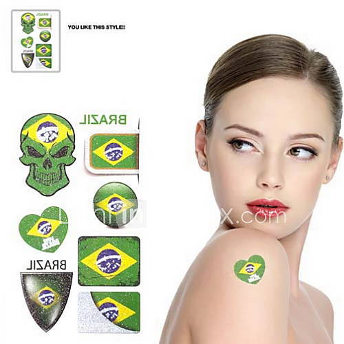 2PCS Skull Pattern Brazil World Cup Waterproof Tattoo Body Temporary Glitter Stickers