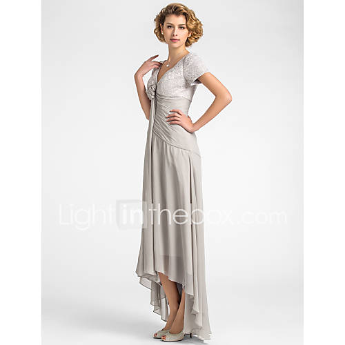 A line V neck Asymmetrical Lace And Chiffon Mother of the Bride Dress