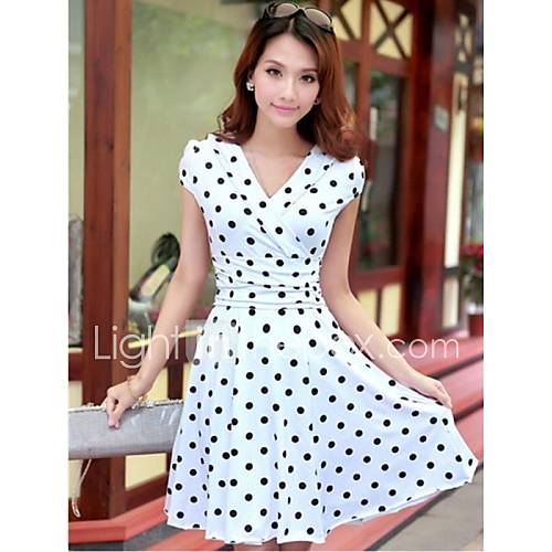 Womens Elegant V Neck Polka Dots Swing Dress