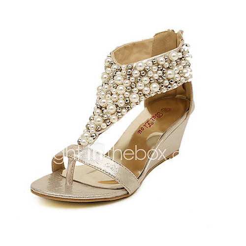 Faux Leather Womens Wedge Heel Wedges Sandals Shoes With Imitation Pearl(More Colors)