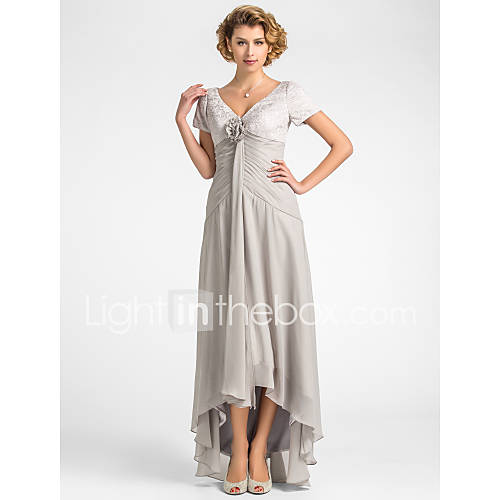 A line V neck Asymmetrical Lace And Chiffon Mother of the Bride Dress