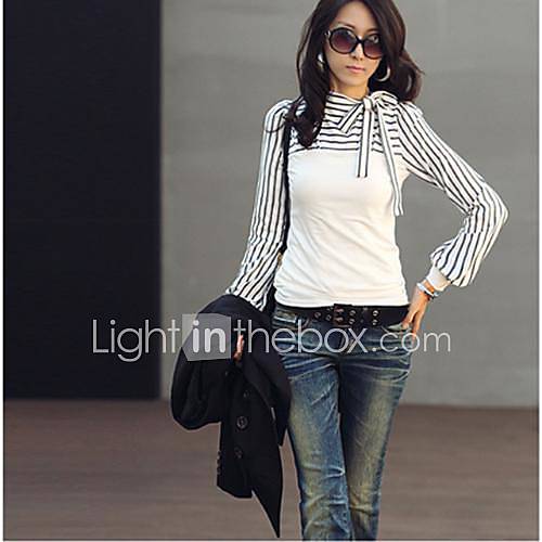 Womens Stripes Long Puff Sleeve Cotton Casual T Shirt