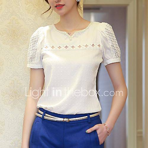 Womens V Neck Slim Lace Cutwork Fashion White Shirt