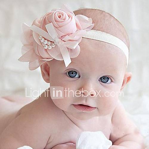 Childrens Chiffon Rose Pearl Chain Bowknot Elastic Headband