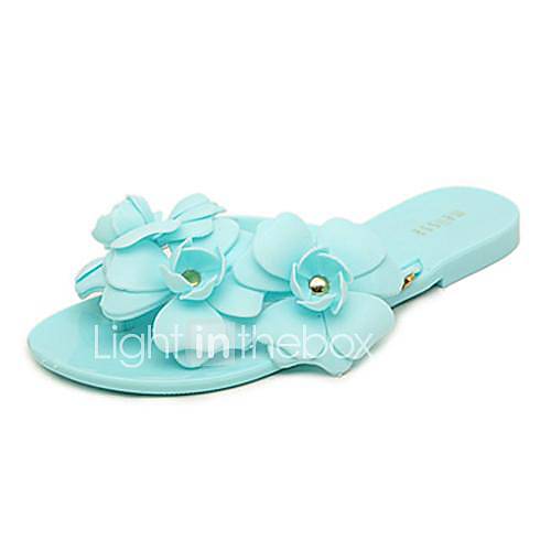 Plastic Womens Flat Heel Flip Flops Slippers with Flower Shoes(More Colors)