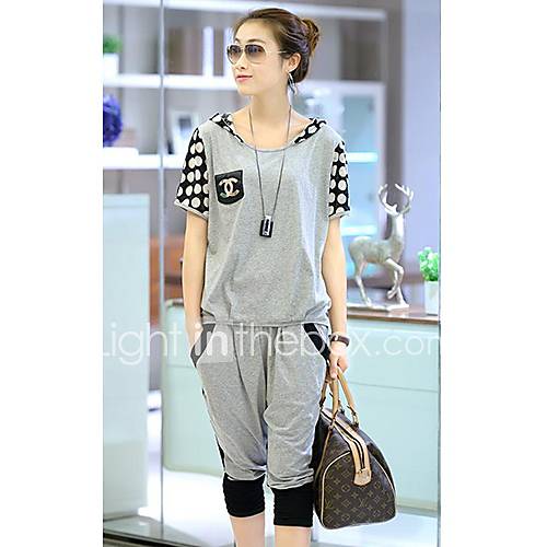 Womens Round Collar Leisure Polka Dot Multi Color Splicing Suit(t shirt pants)