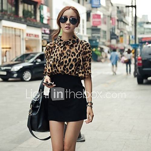 Womens Lapel Neck Leopard Splicing Batwing Sleeve Bodycon Midi Dress